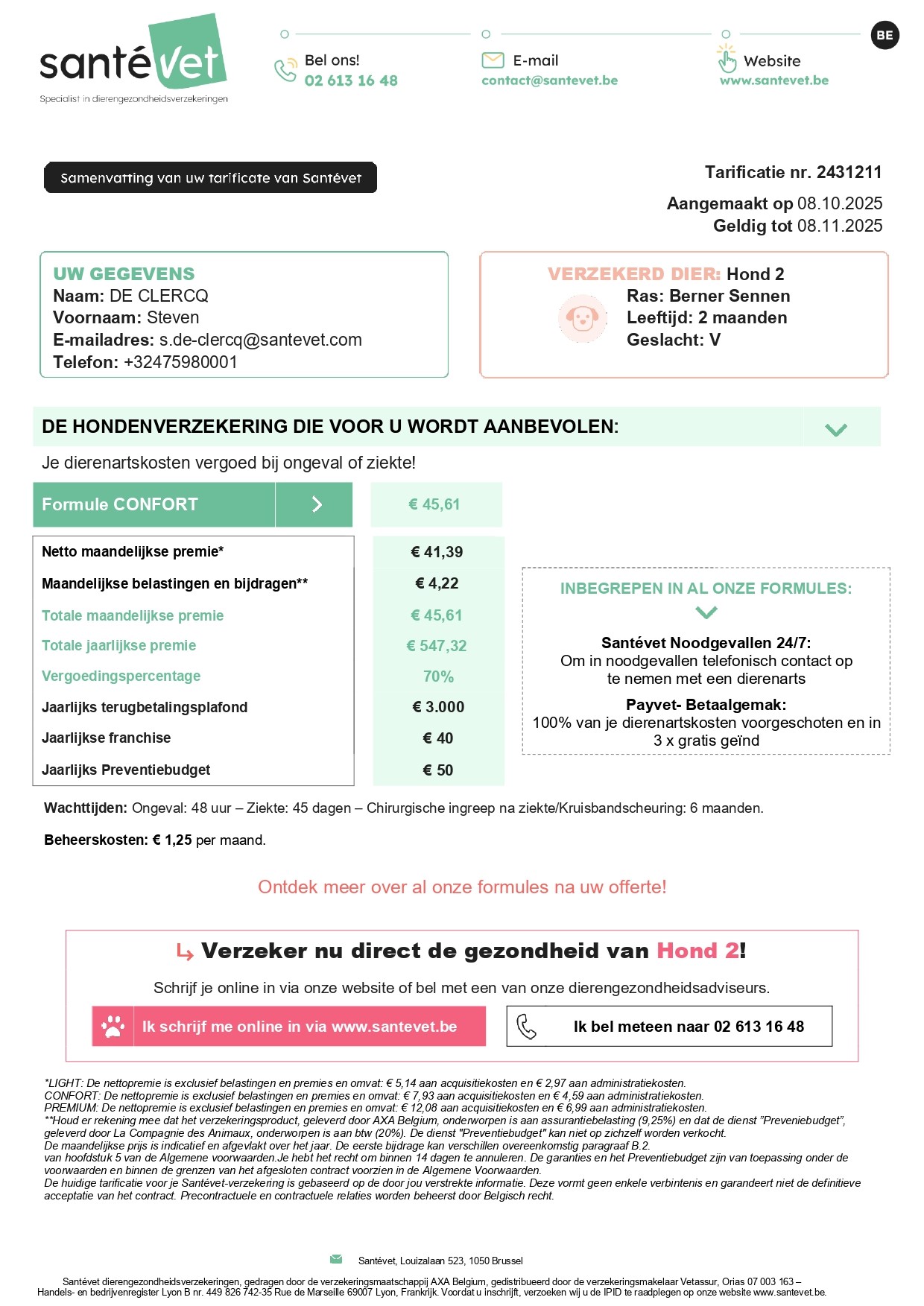 voorbeeld tarief voor een Berner Sennen pupje